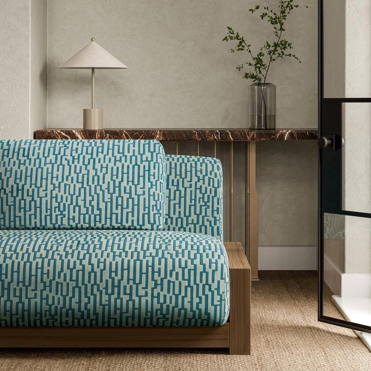 Henry Holland x Harlequin Atlantic blue jacquard upholstery fabric with bold geometric pattern for furniture, cushions, and interior décor projects.