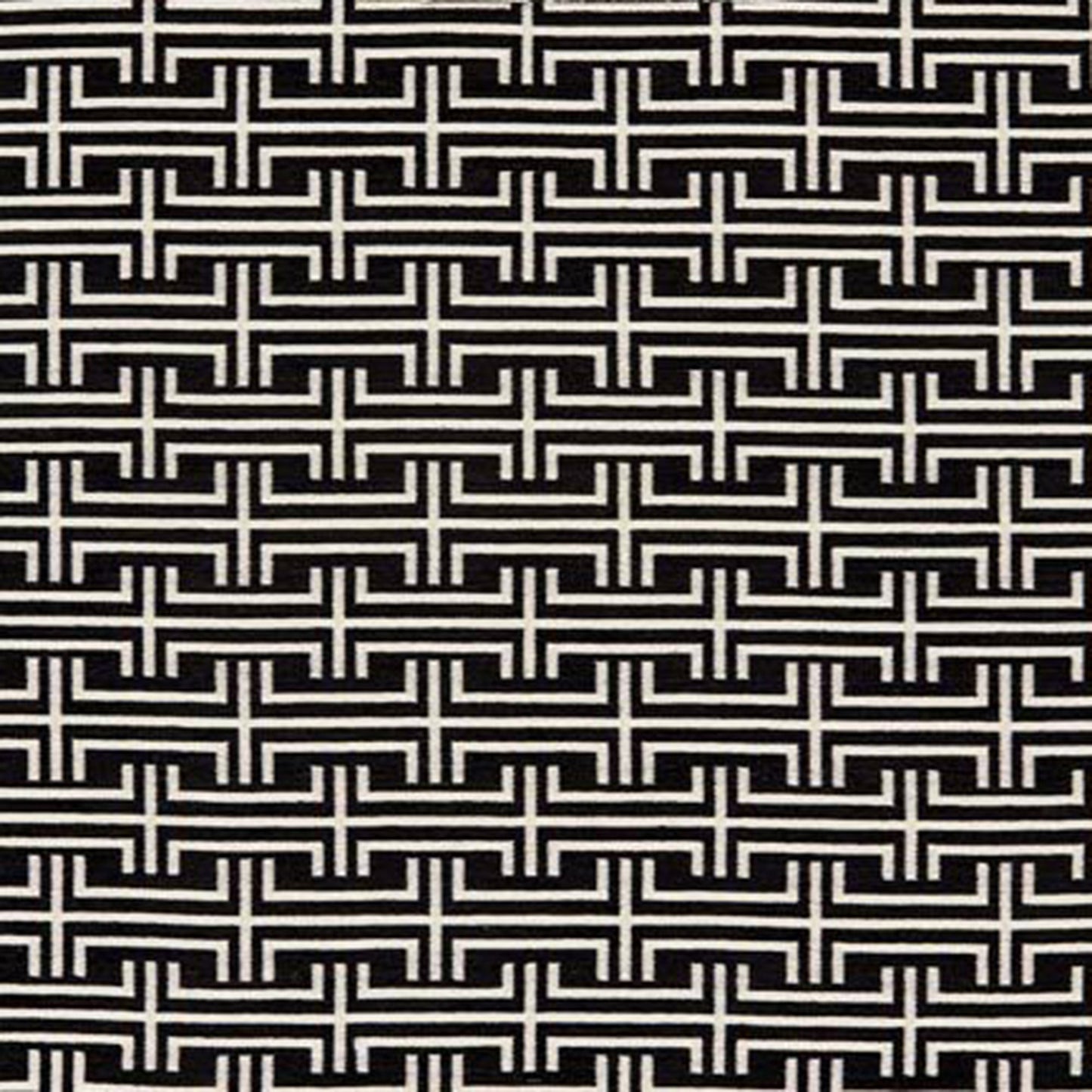 Black chenille fabric with a Greek key meander geometric pattern