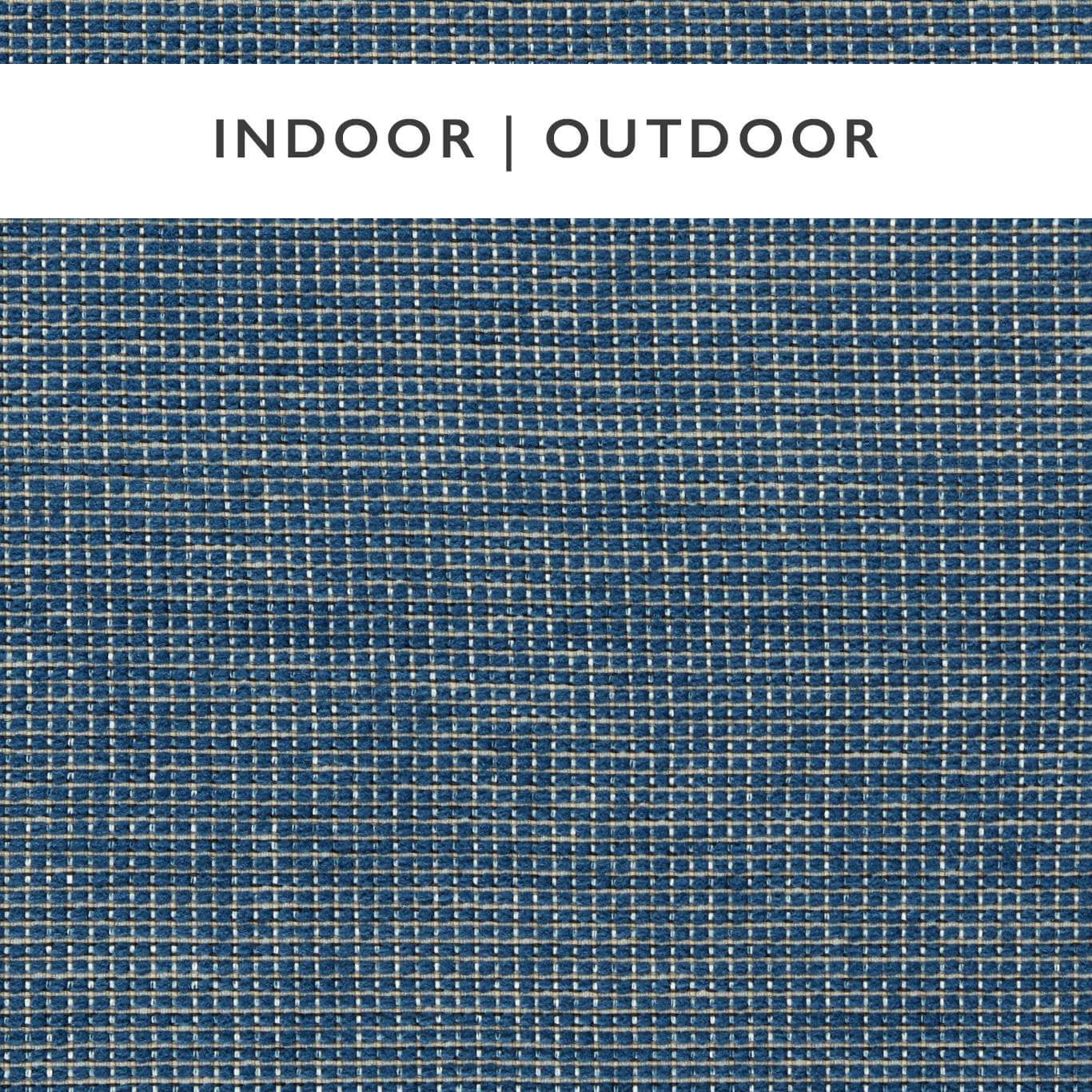 Blue denim woven fabric with beige grid stitching; durable upholstery textile for indoor & outdoor use.