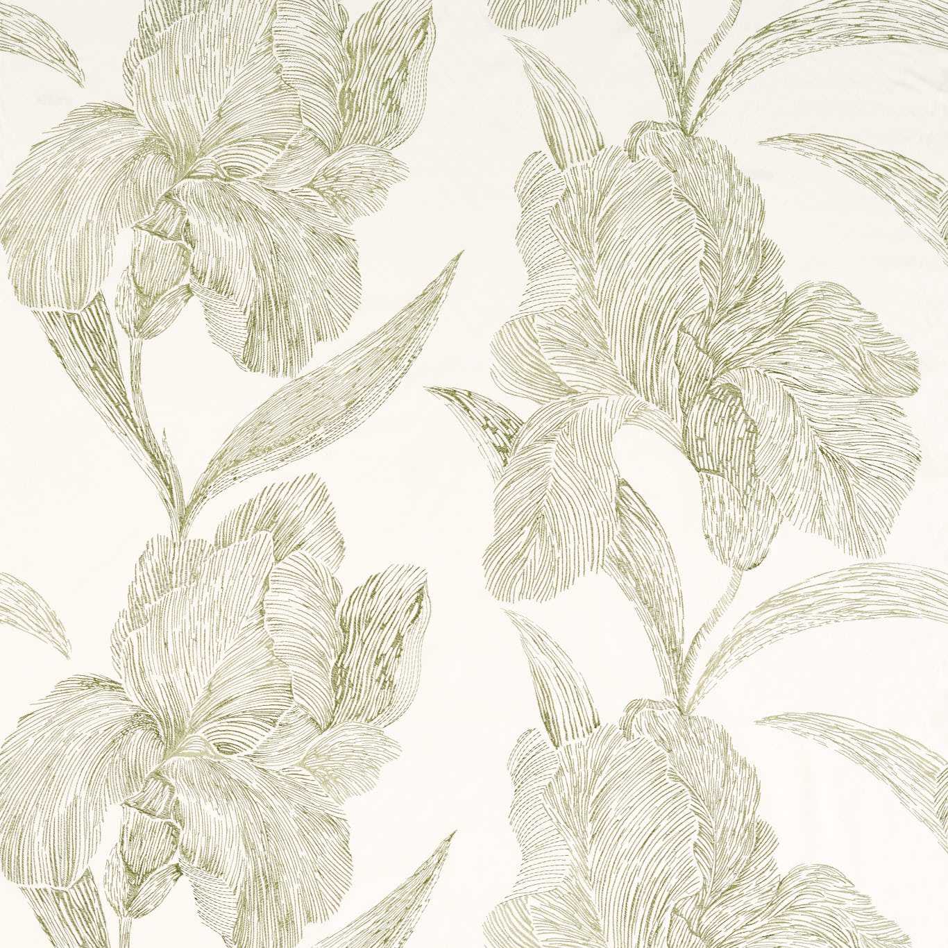 Sage green botanical fabric pattern with leaves and tree motifs on a cream background.