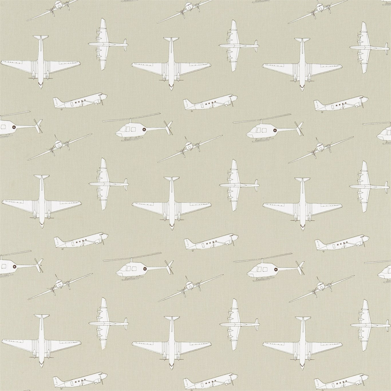 Beige background with white line-drawn airplane silhouettes in a repeating pattern; assorted prop planes and small jets.
