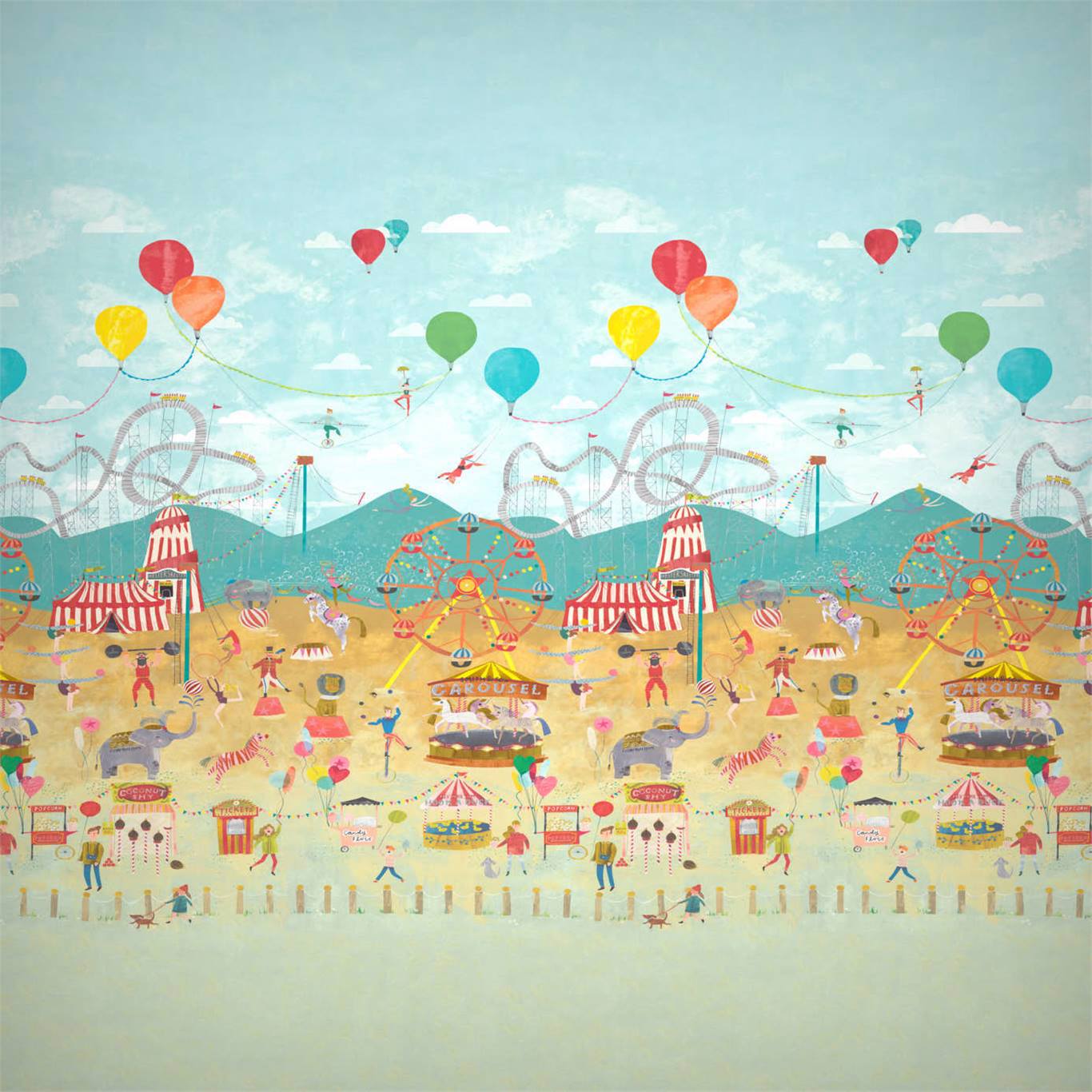 Pastel beach carnival illustration with striped tents, ferris wheels, and colorful balloons over a crowd on the sand.