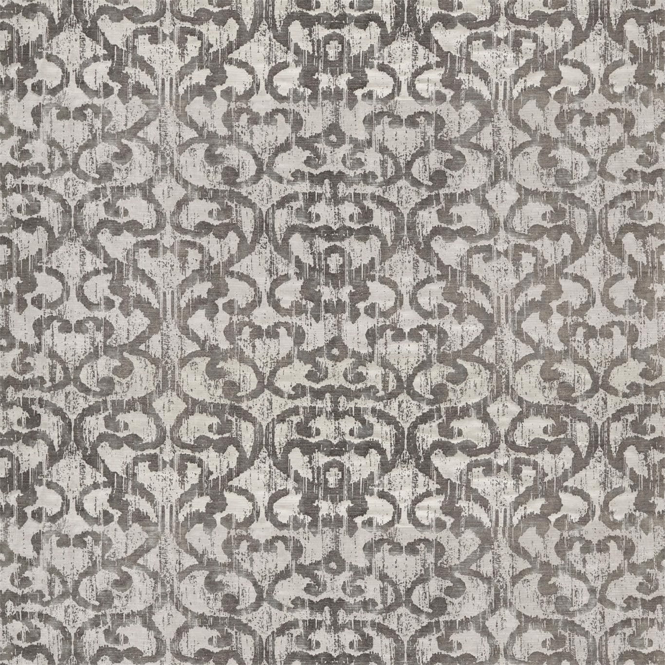 Taupe-gray damask pattern with ornate scrolling motifs; textured fabric.