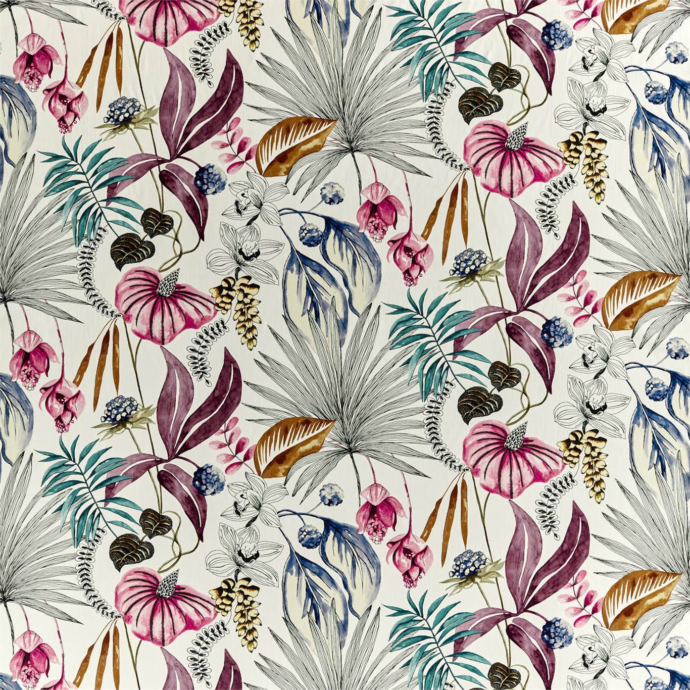 Cream tropical floral fabric with palm leaves in cerise, honey and marine accents.