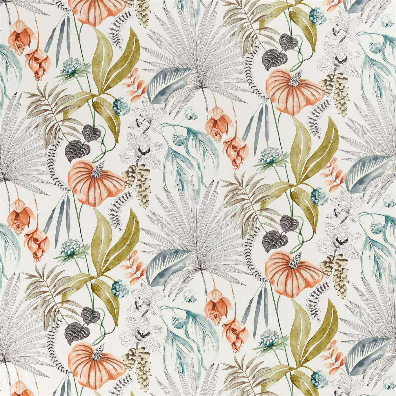 Tropical floral fabric with gray palm leaves, peach-orange blooms, olive leaves and blue accents on light background.