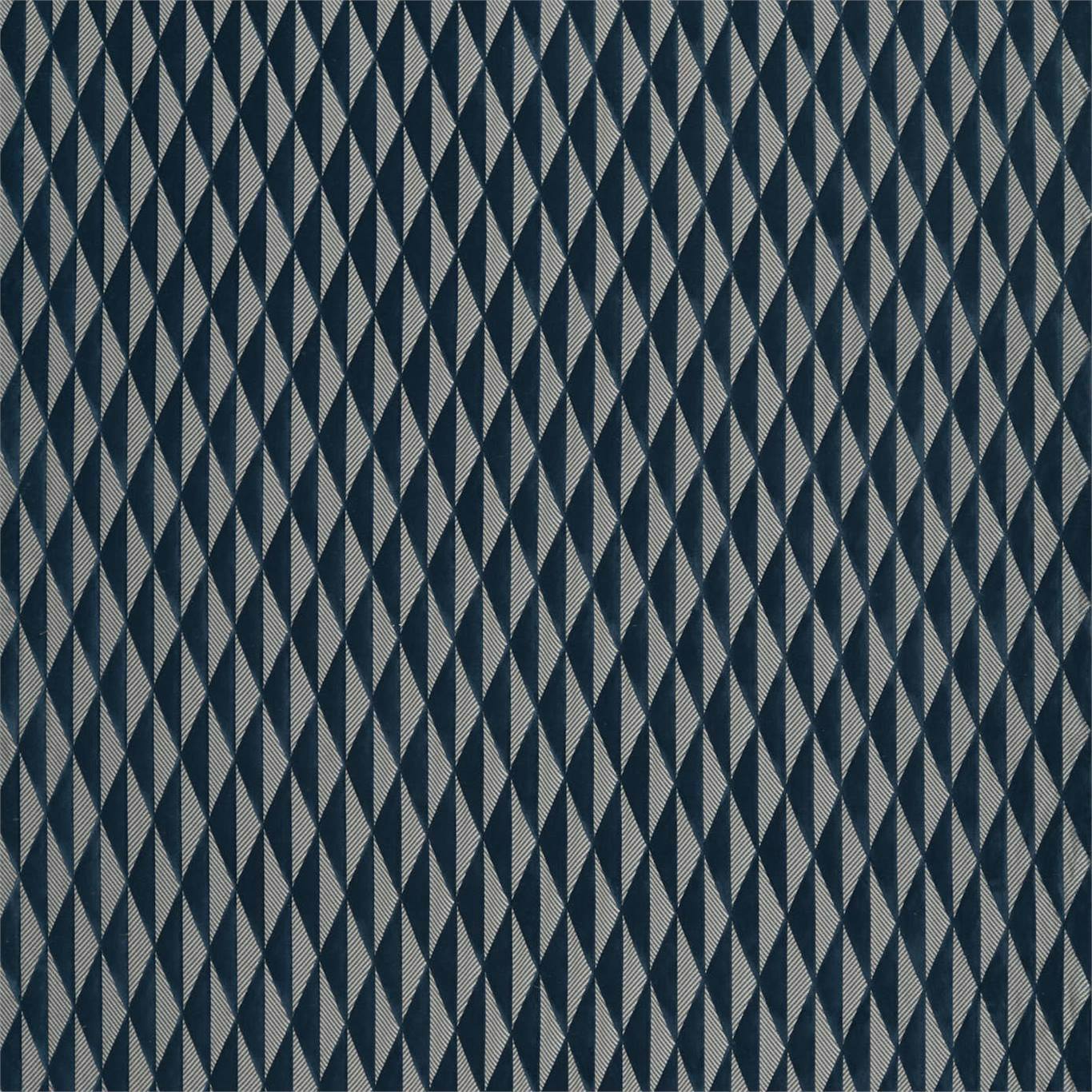 Navy blue and cream diamond lattice woven fabric; geometric textile for upholstery or drapery.