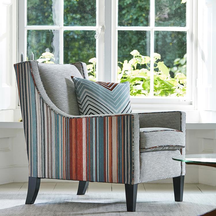 Harlequin Spectro Stripe fabric showing a bold woven stripe design in teal, sedonia rust, and neutral tones — perfect for drapery, cushions, or light upholstery in modern interiors.