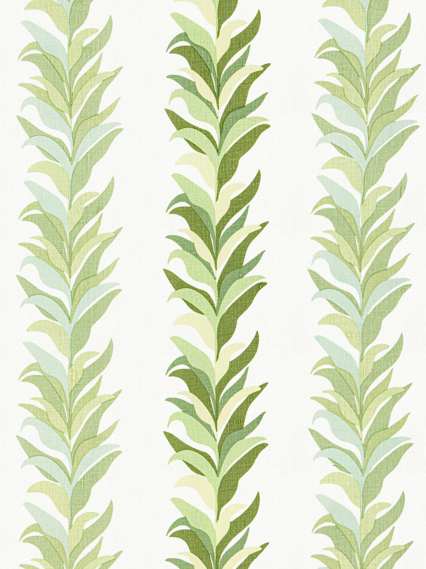 Three vertical leafy columns in green hues on a light background; botanical leaf print on fabric.