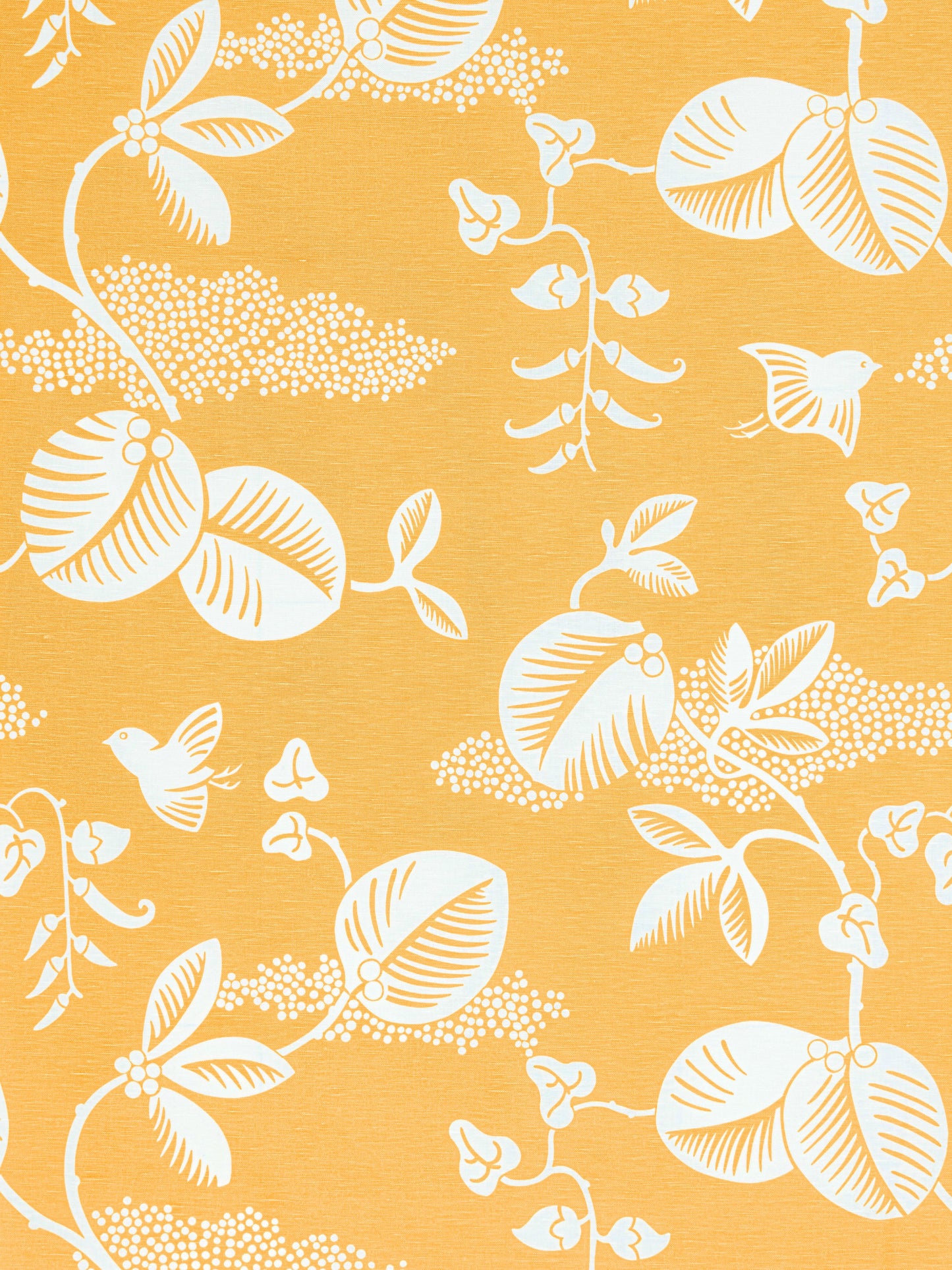 Orange fabric featuring a white botanical vine pattern with leaves and small flowers; decorative floral textile.