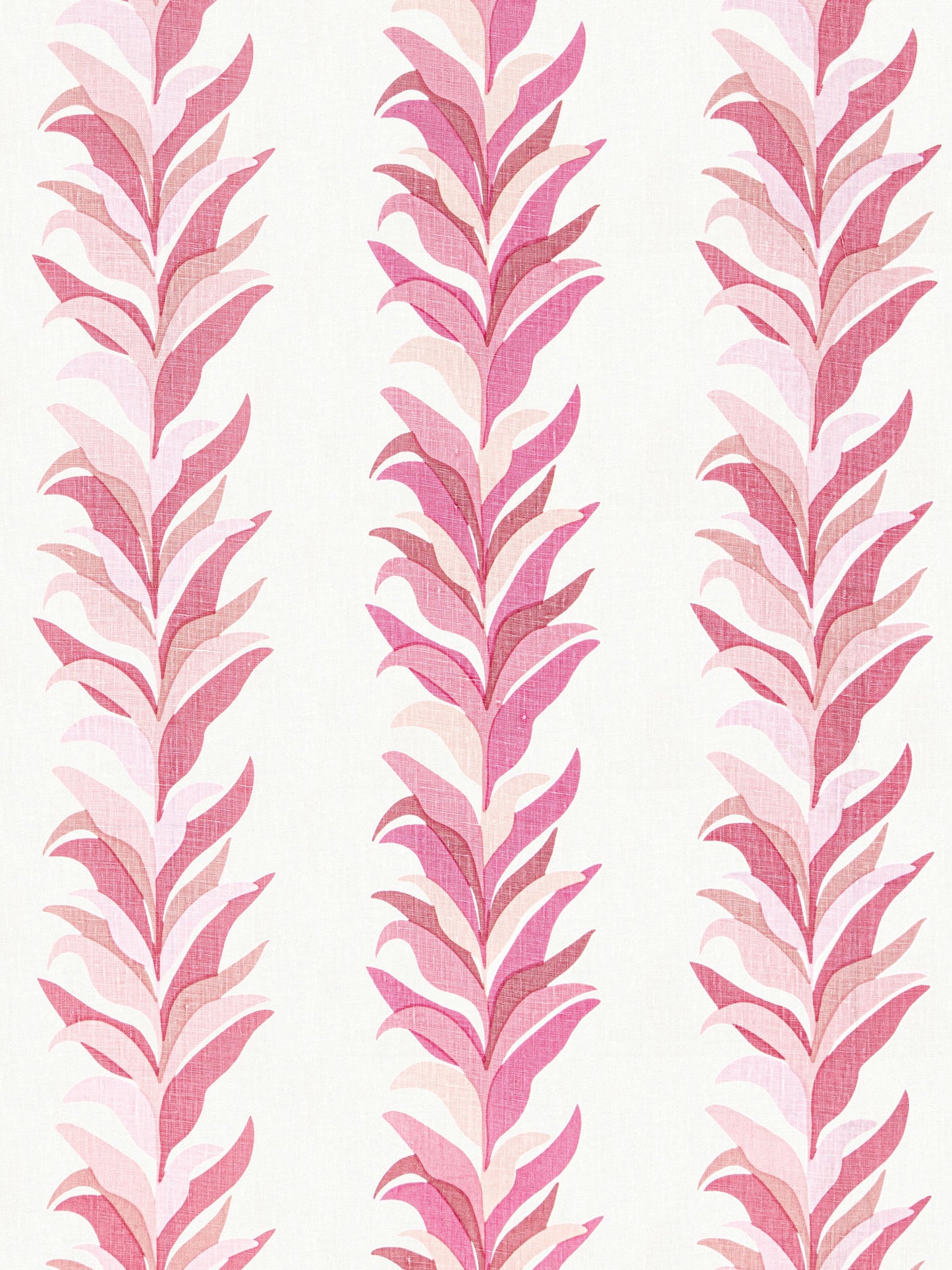 Pink leaf-branch fabric print with vertical rows of stylized leaves in varying pink hues on white background.