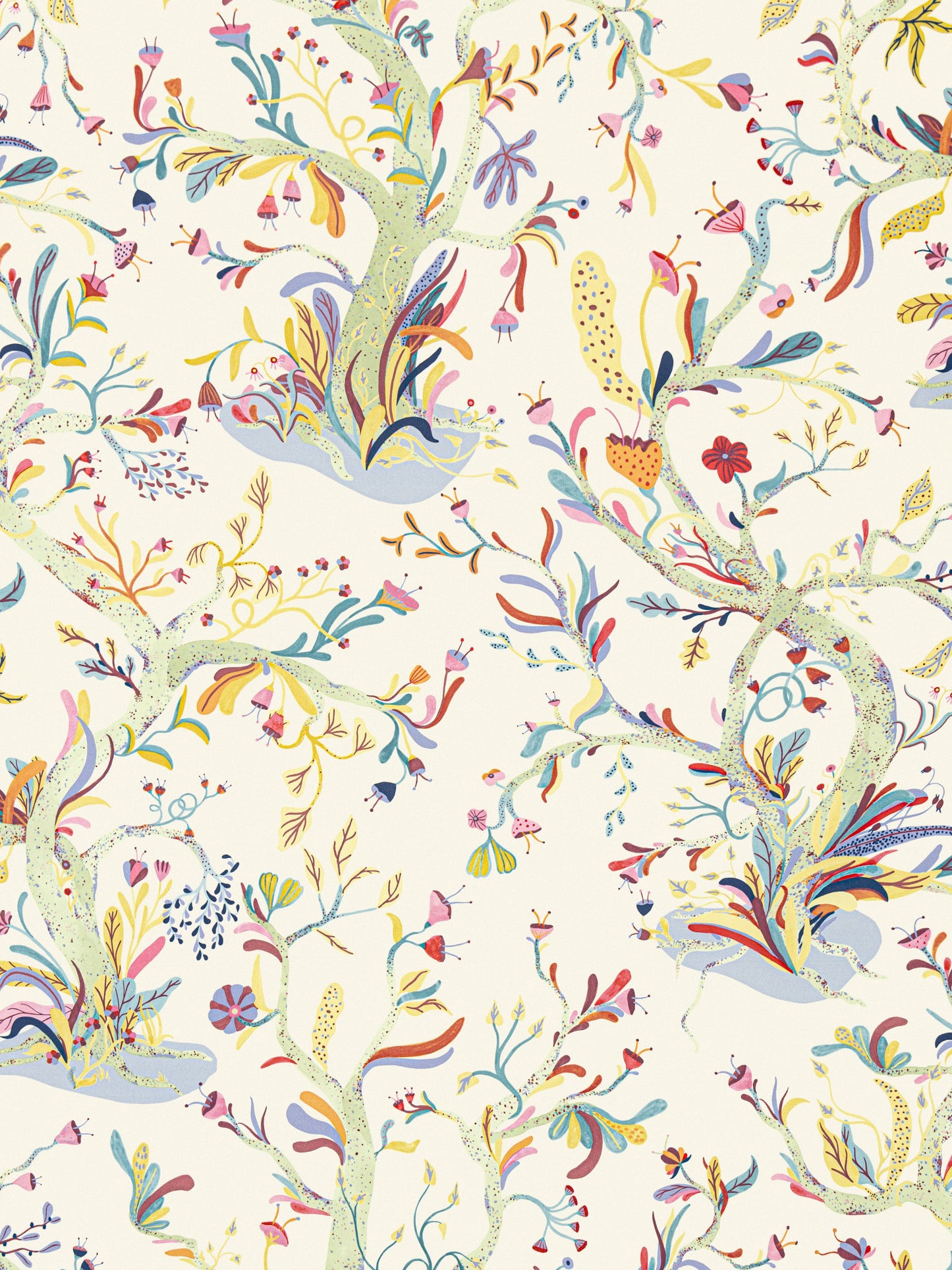 Pastel botanical pattern with vines, leaves & blossoms in yellows, pinks, blues on cream; ideal for wallpaper or fabric.