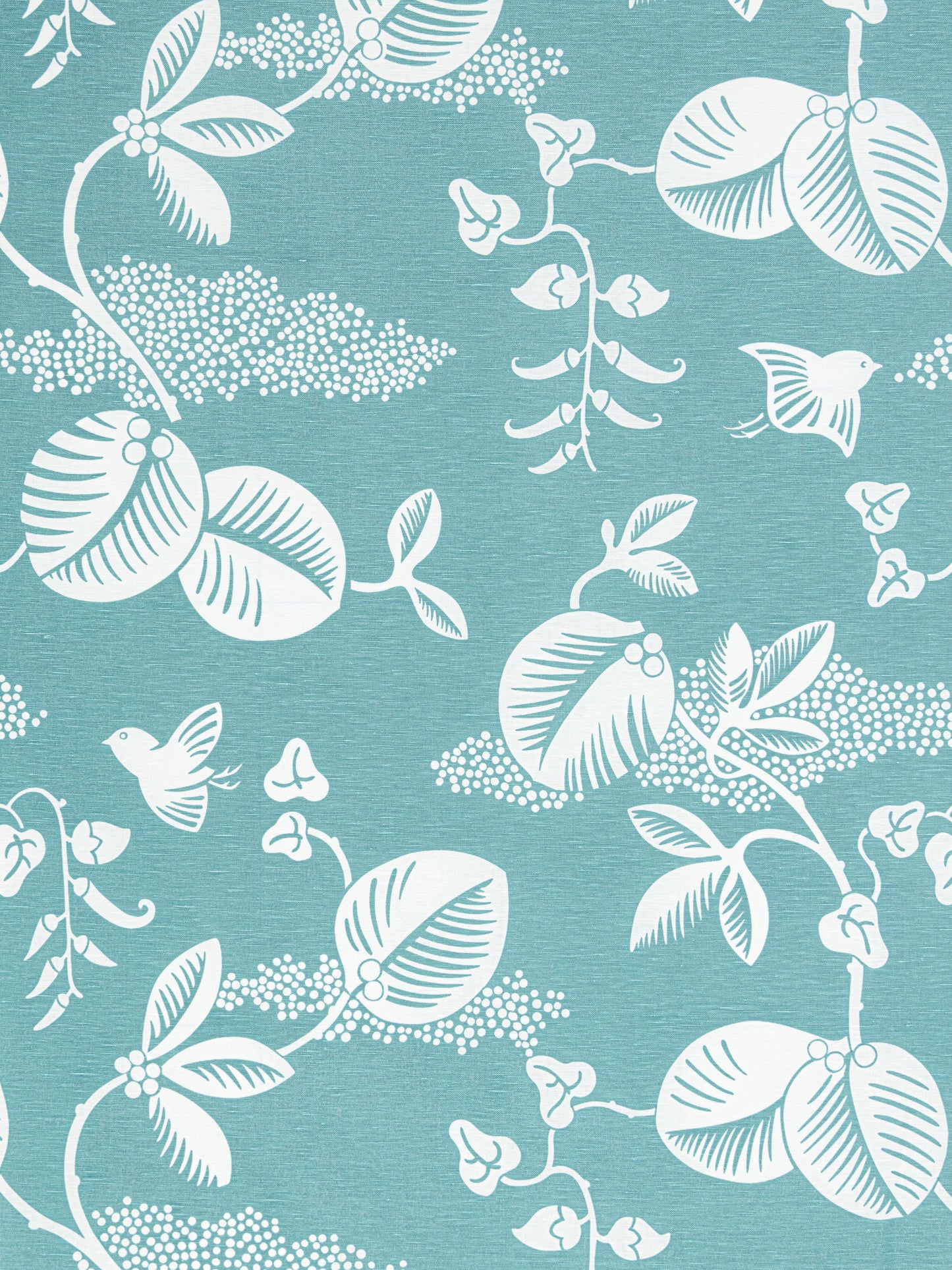 Teal fabric with white botanical pattern of vines, leaves, blossoms and small birds.