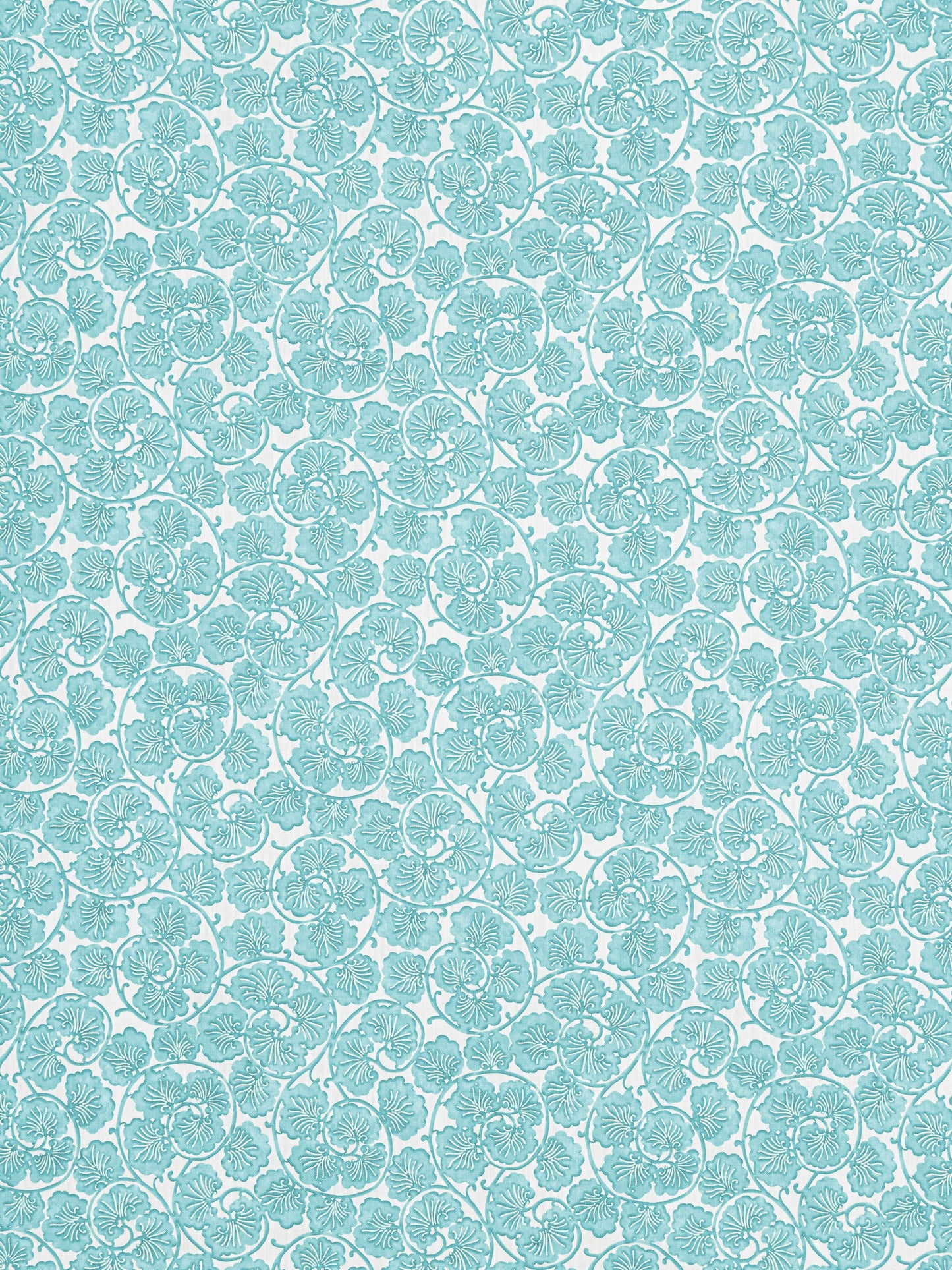 Teal damask floral pattern with ornate vines and blossoms on a light turquoise background.