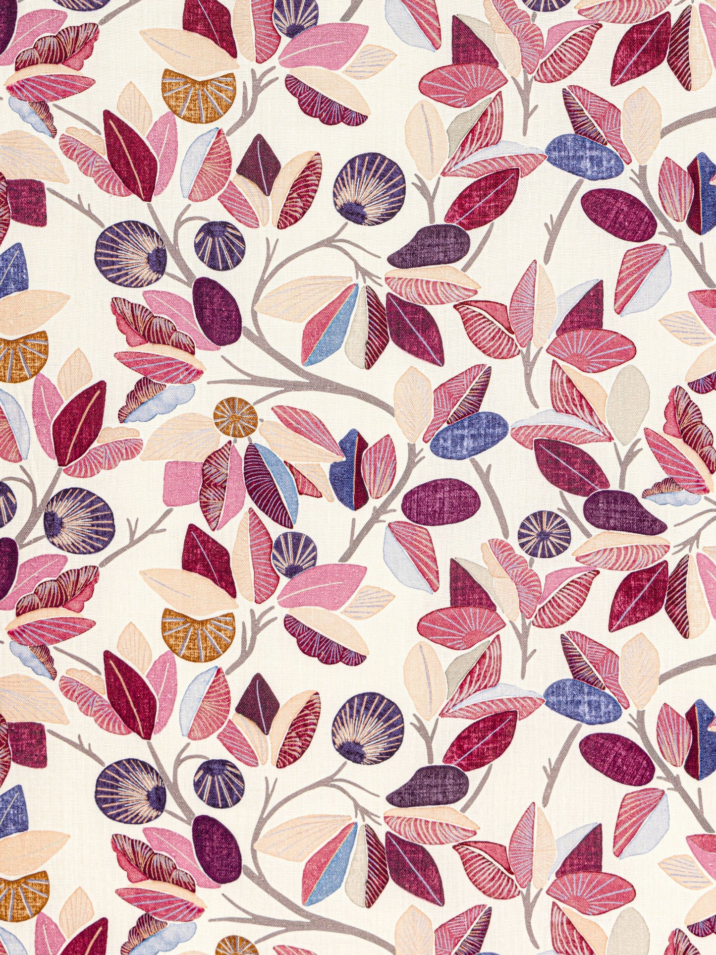 Colorful leaf and circular blossom pattern in pinks, purples, and oranges on beige background; printed fabric pattern.