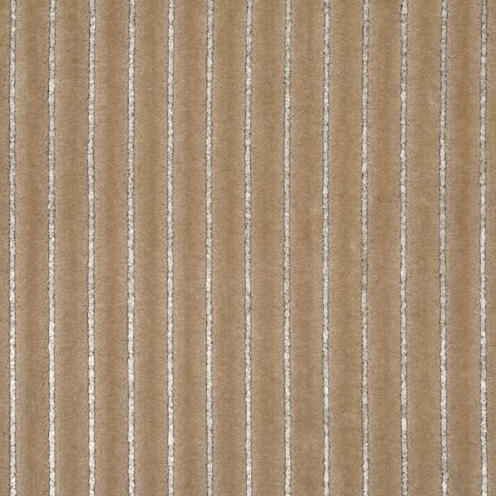 Beige fabric with evenly spaced narrow white-gray vertical stripes and a soft textured surface.