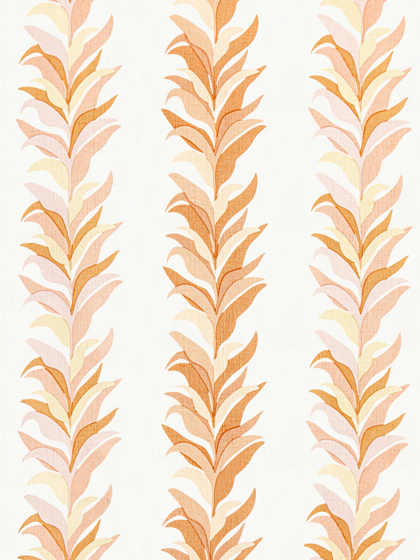 Three vertical columns of peach leaves in warm orange tones on pale cream background; decorative botanical pattern for fabric.