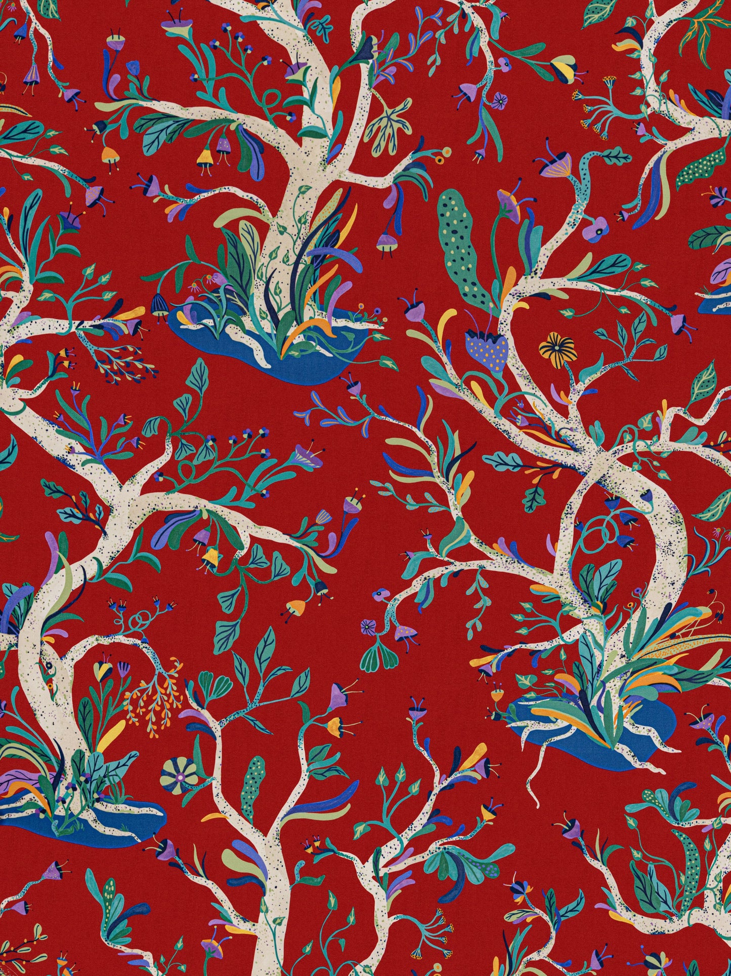 Red botanical textile with white-trunk trees, teal leaves, blue-green flowers, and small colorful birds.