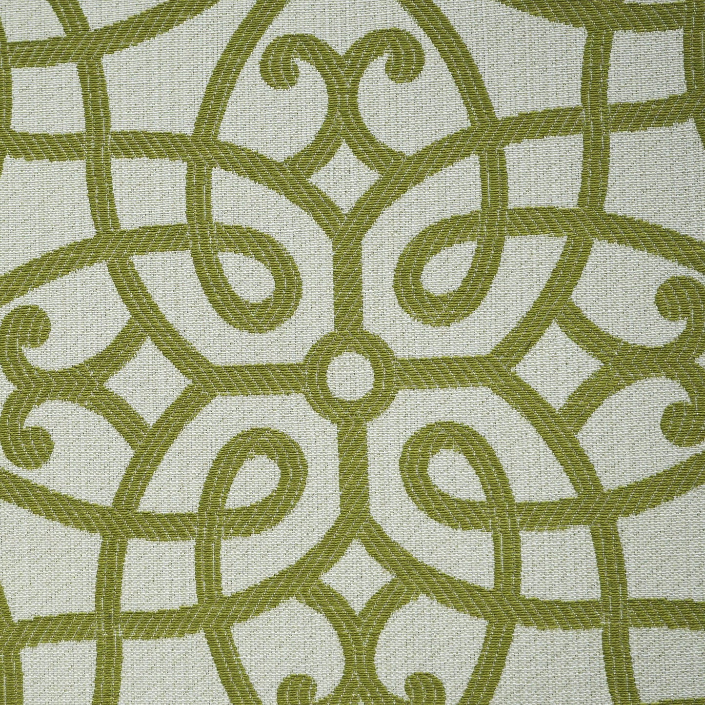 Olive green woven textile with intricate arabesque lattice pattern on beige background.