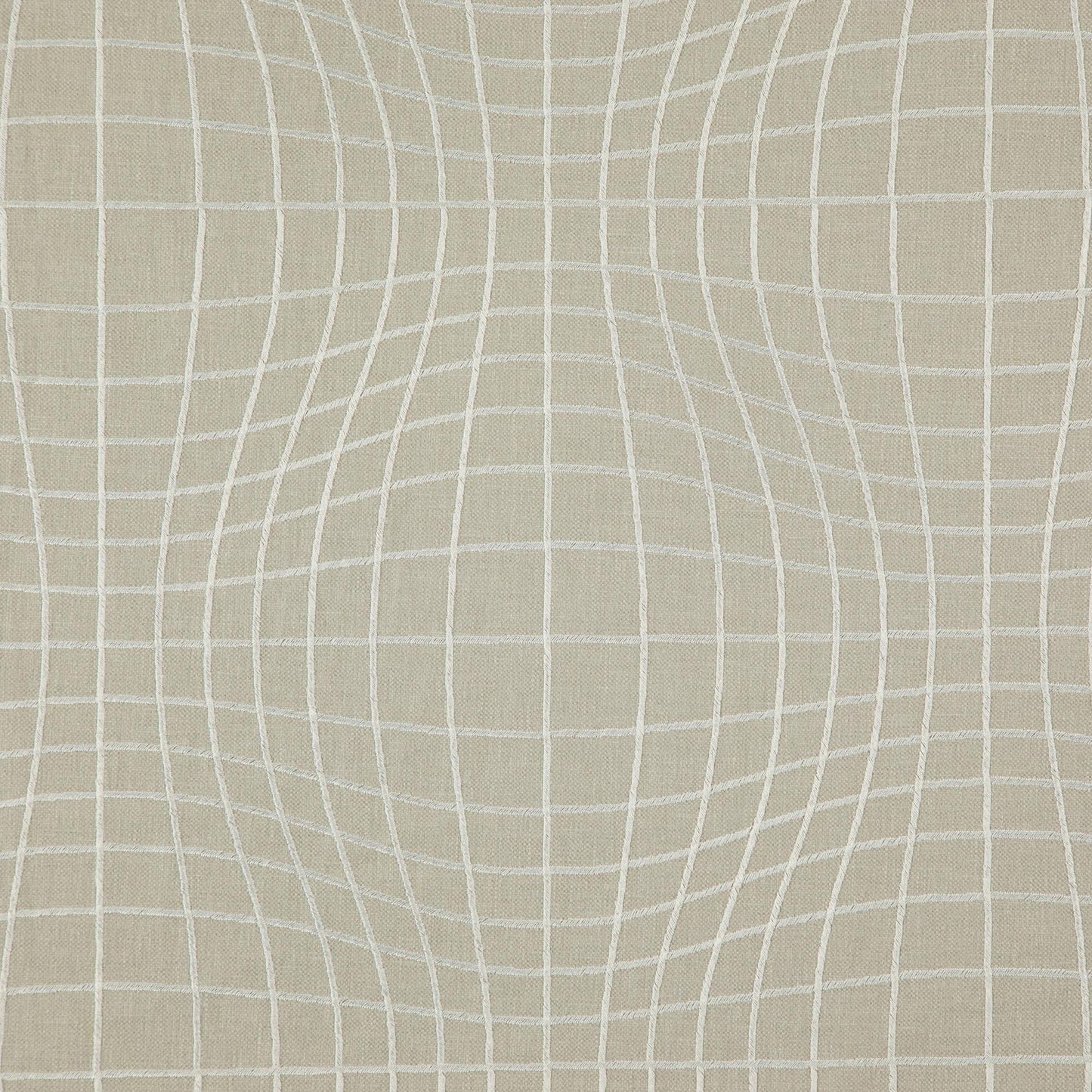 Grey/silver geometric embroidery on linen-like fabric with curved grid lines forming soft, warped squares.