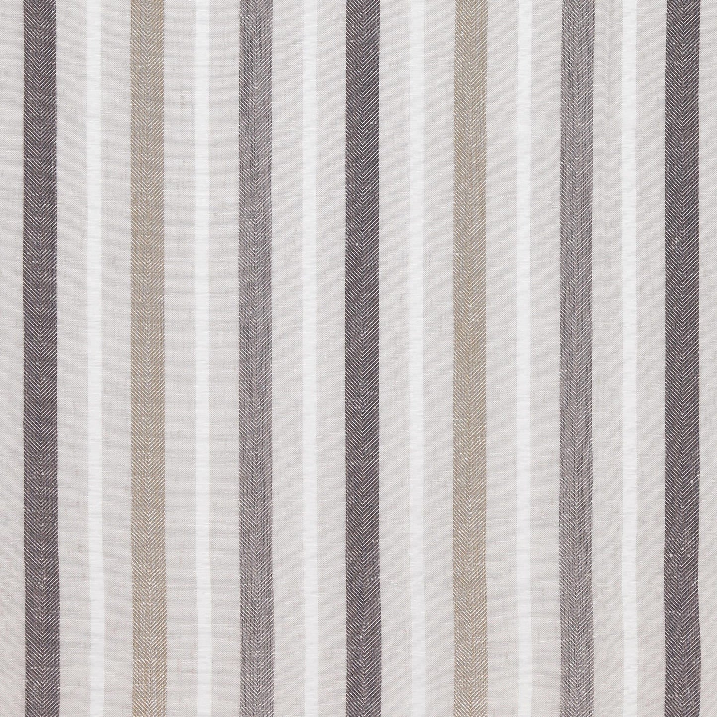 Vertical striped woven fabric in neutral beige, taupe, gray and ivory; upholstery or drapery material.