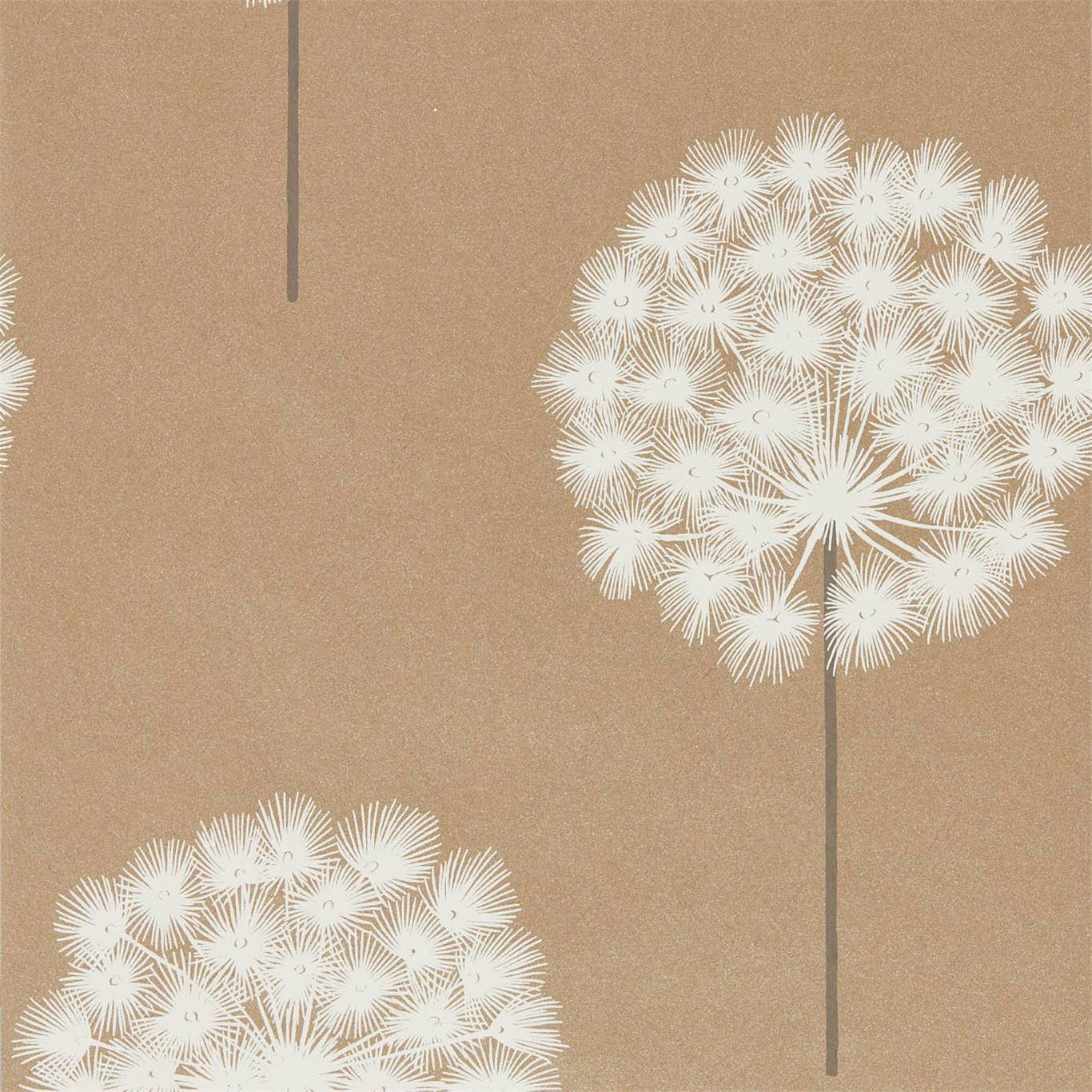 Beige textured backdrop with white dandelion seed heads on tall gray stems, botanical decorative pattern.Product title: HARLEQUIN Amity Wallpaper Contemporary, Floral Brass,Pewter Rotary/Gravure Wallpaper - HPUT111913Product filename: HPUT111913.jpg