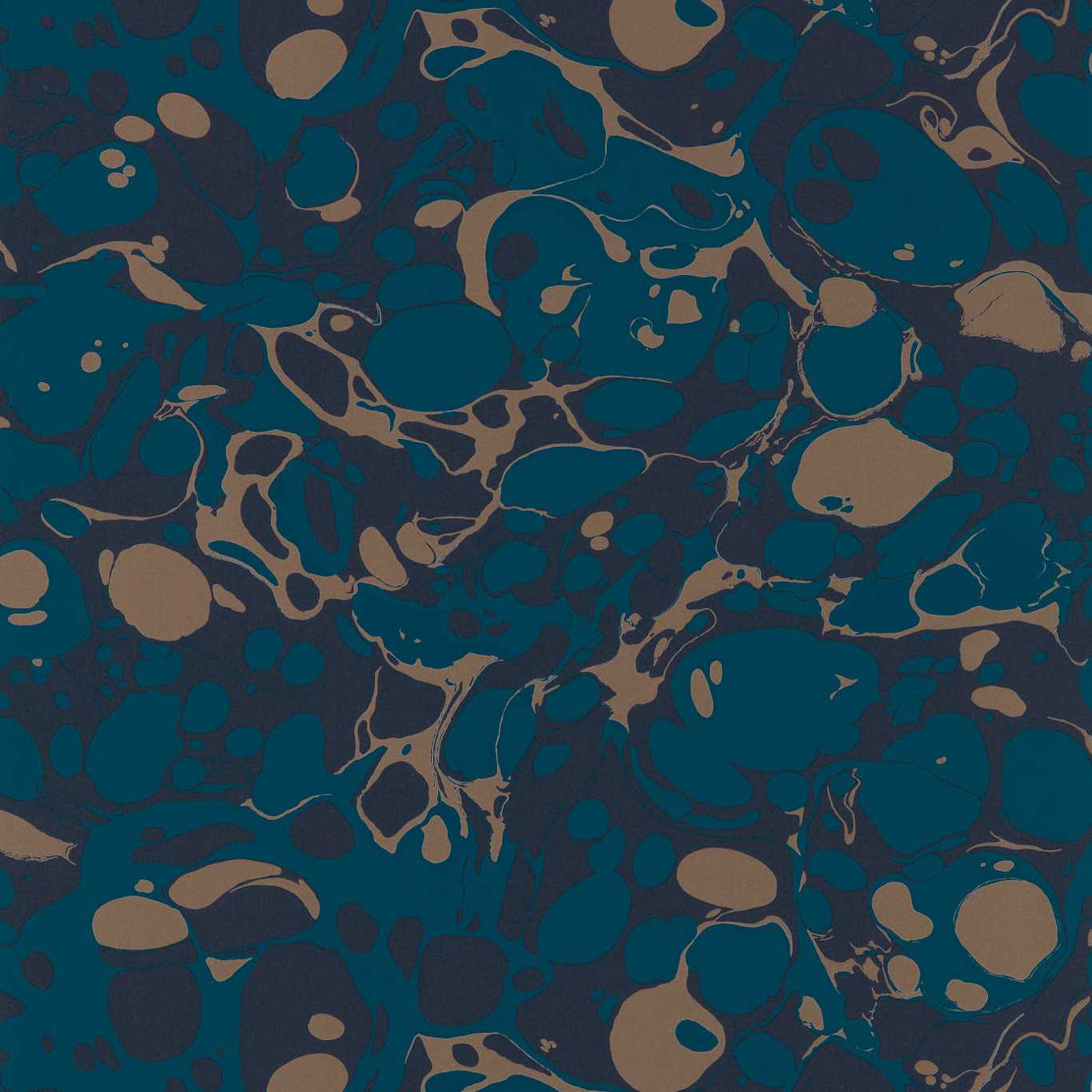 Teal & beige marbled abstract pattern with fluid swirls; wallpaper.