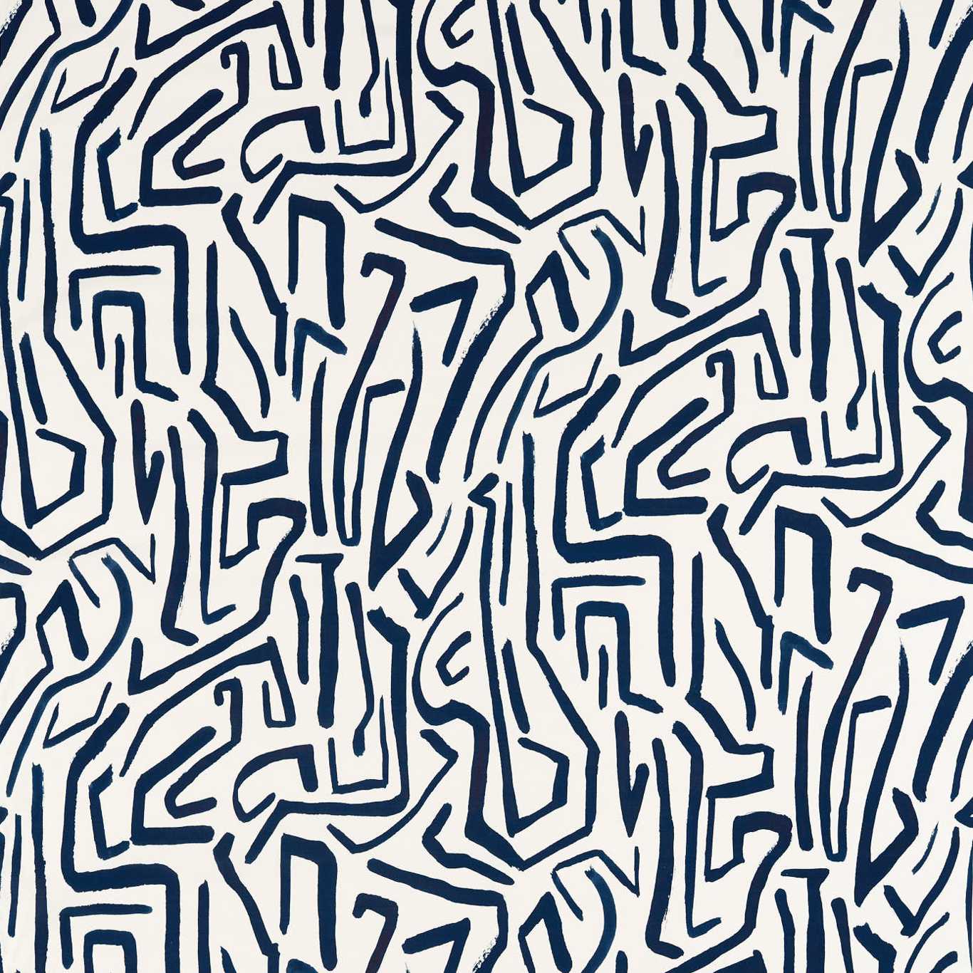 Abstract navy blue maze-like line pattern on light ivory background; geometric fabric print.