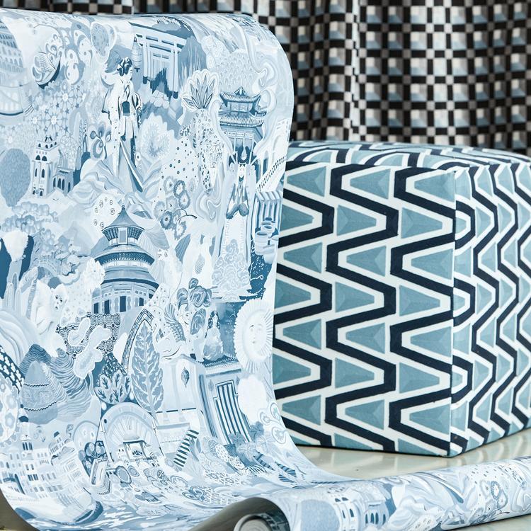 Journey of Discovery Wallpaper in Wild Water and Exhale by Harlequin featuring an ornate hand-painted cartographic design inspired by the Silk Road. Detailed artwork includes mythical dragons, snow leopards, giant pandas, emperors, goddesses, and iconic landmarks in blue-green tones. Luxury designer wallpaper ideal for statement walls, maximalist interiors, dining rooms, living rooms, home libraries, and sophisticated home décor projects.