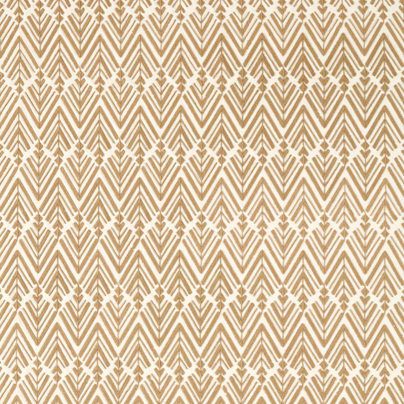Golden-brown chevron pattern fabric texture with repeating V shapes, retro tribal style for upholstery or wallpaper.