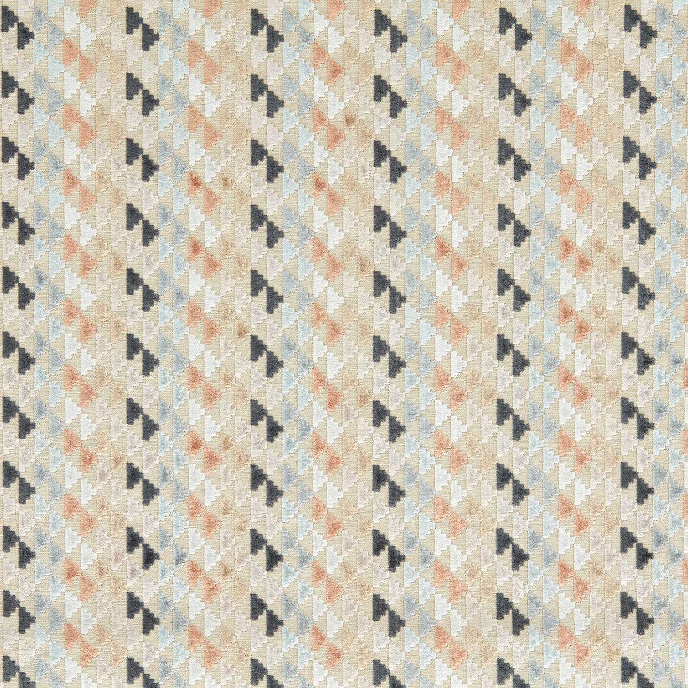 Woven upholstery fabric in sky, slate & taupe tones with a small triangle chevron geometric pattern.