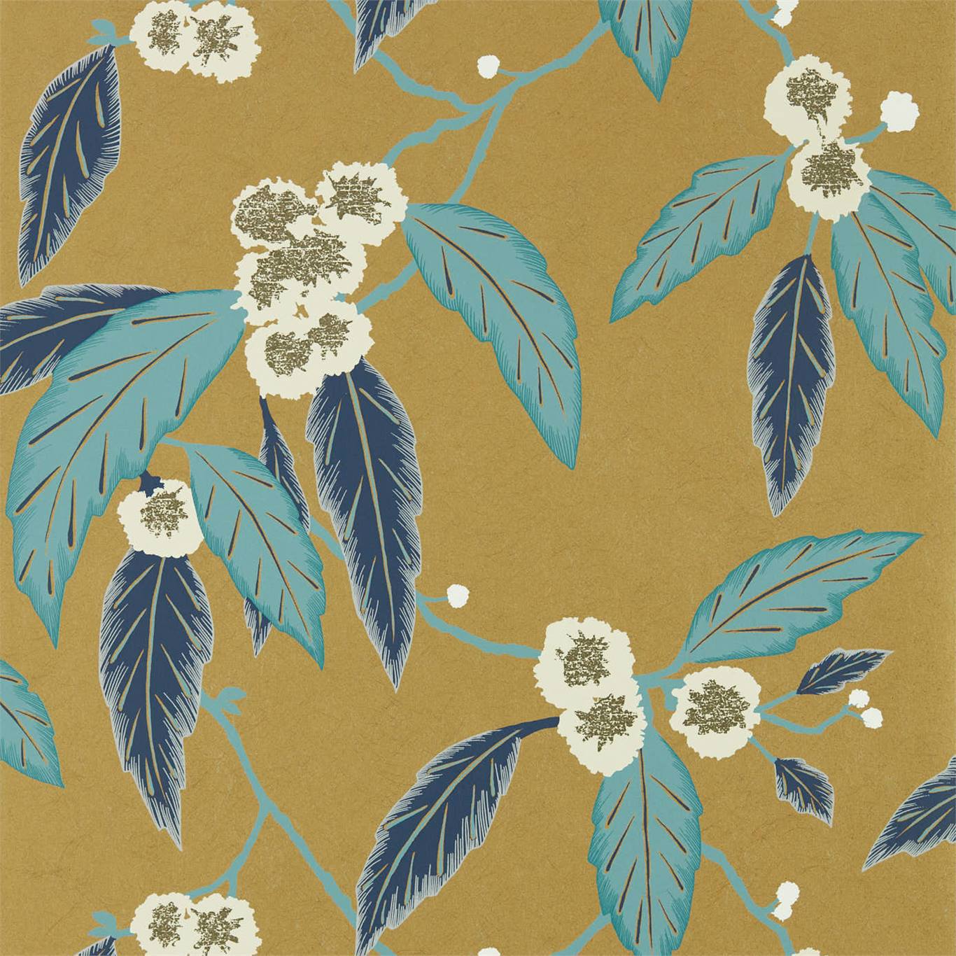 HARLEQUIN Coppice Wallpaper Leaves , Trees Navy,Lagoon,Gold Rotary Wide Width Printed Wallpaper - HSAW112133