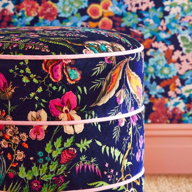 Harlequin Wonderland Floral Velvet Fabric designed by Sophie Robinson featuring vibrant multi-directional floral motifs in Sapphire, Spinel, and Emerald colors. This printed velvet fabric combines archival botanical design with modern bold styling, ideal for upholstery, curtains, blinds, cushions, and luxury interior design projects.