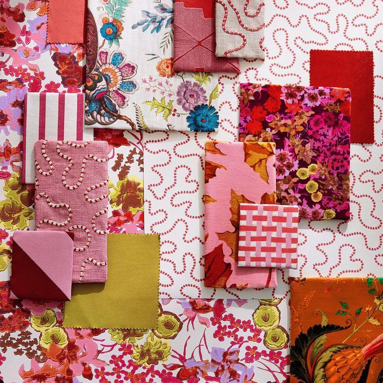 Wiggle Wallpaper in Carnelian and Rose Quartz by Harlequin x Sophie Robinson with Color swatches arranged in a pattern with various colors and designs.