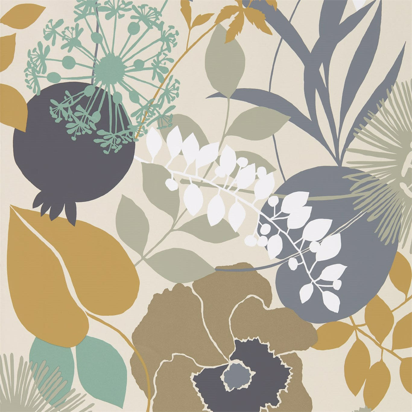 HARLEQUIN Doyenne Wallpaper Contemporary, Floral Ochre,Stone,Mint Digital Print Wallpaper - HSTO111490