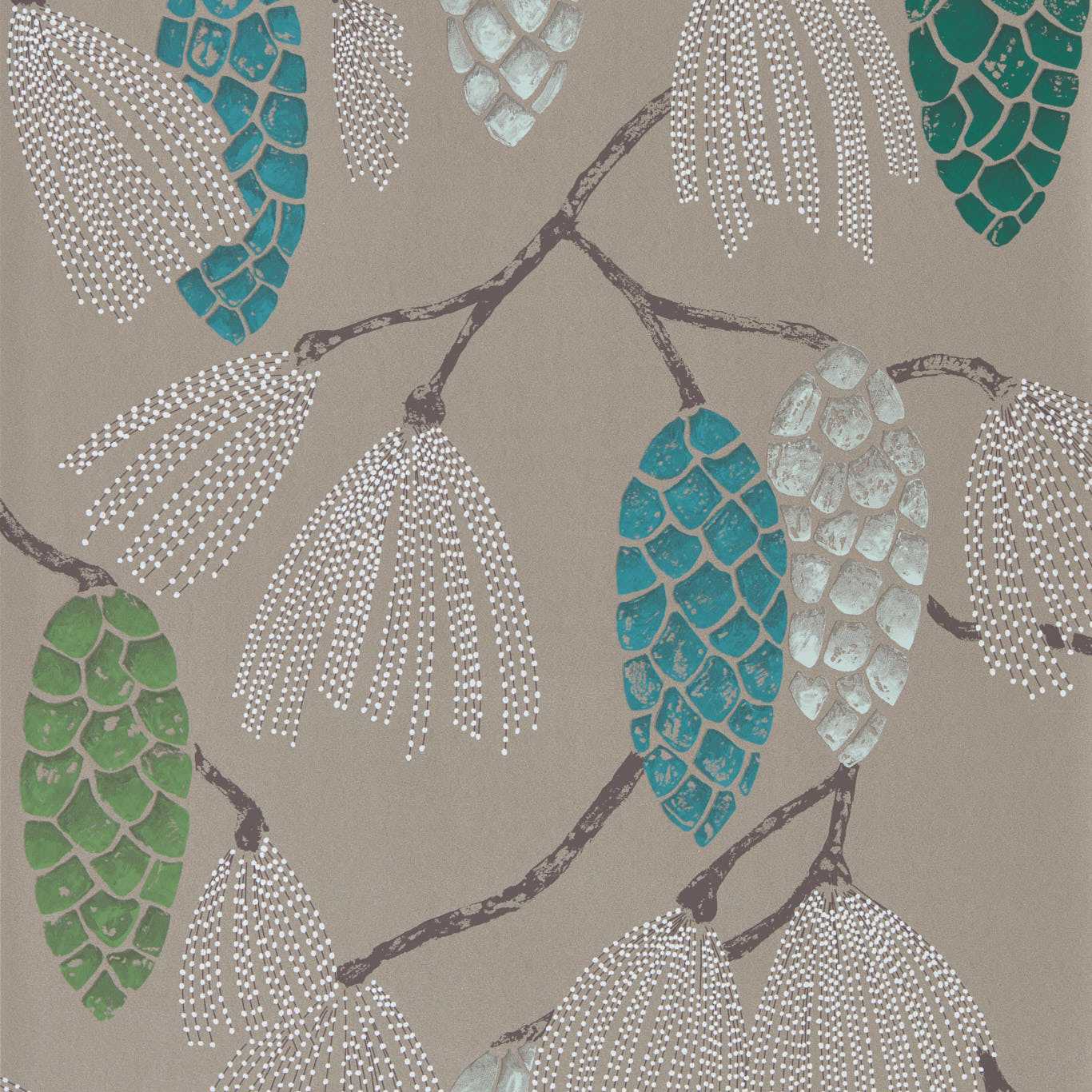 HARLEQUIN Epitome Wallpaper Leaves , Trees Turquiose,Pea,Gilver Rotary Printed Wallpaper - HSTO111502