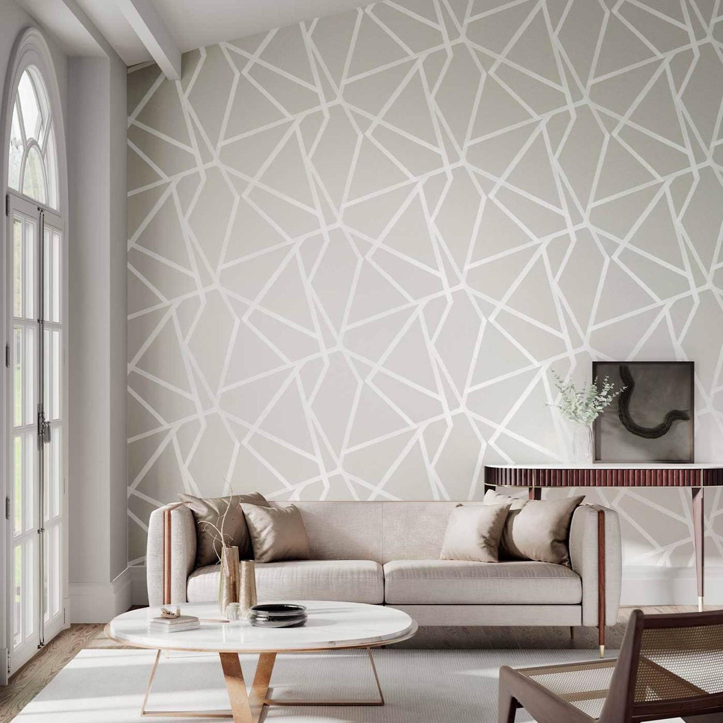 Sumi Wallpaper in Dove and White by Harlequin featuring a large-scale geometric pattern with clean hand-painted lines. Modern designer wallpaper in soft neutral gray and white tones, ideal for contemporary interiors, minimalist décor, Scandinavian design, living rooms, bedrooms, home offices, feature walls, and luxury home styling projects.