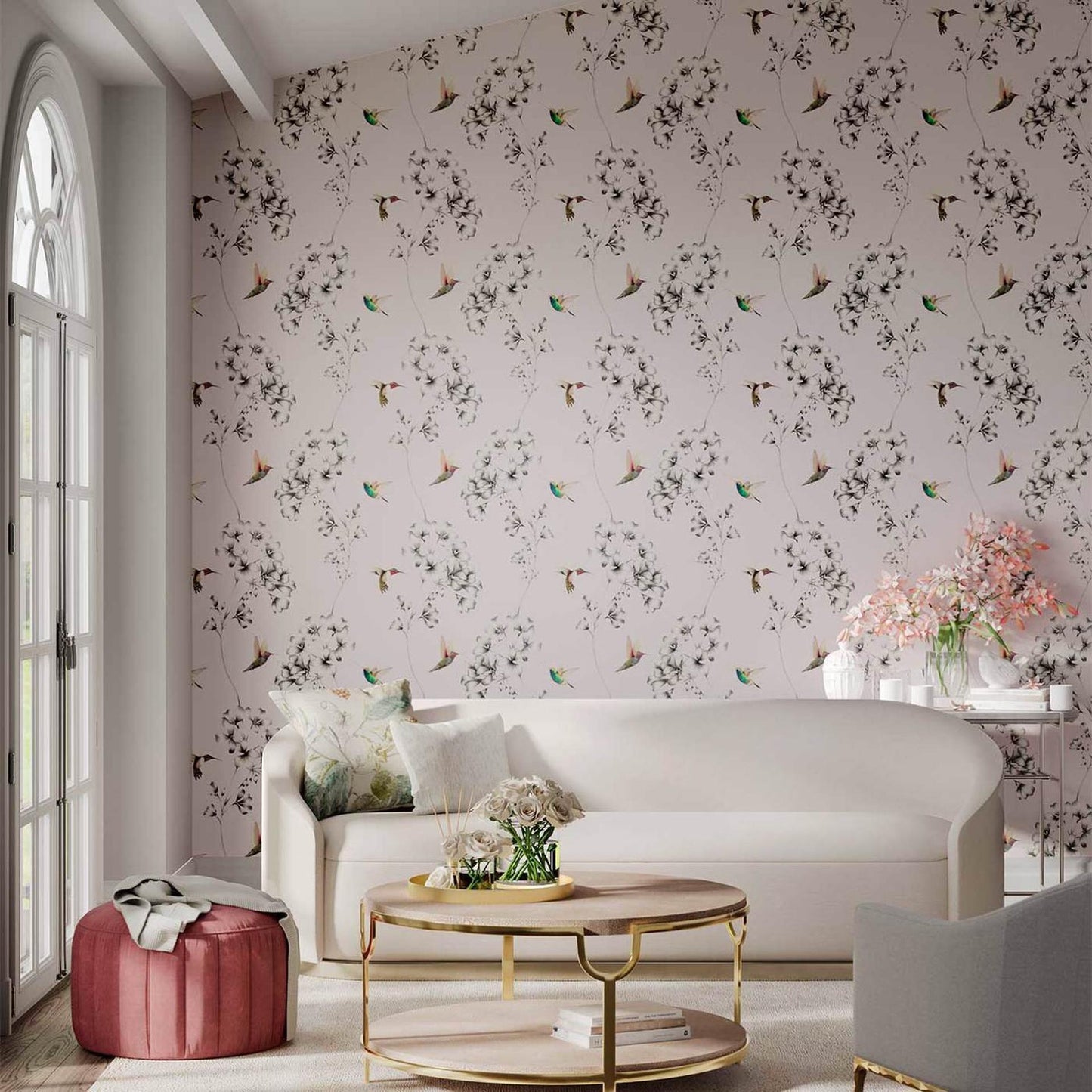 Harlequin Amazilia HTEW112606 wallpaper with hand-drawn botanical etchings and hummingbirds in powder pink and pearl white, luxury designer wallcovering.