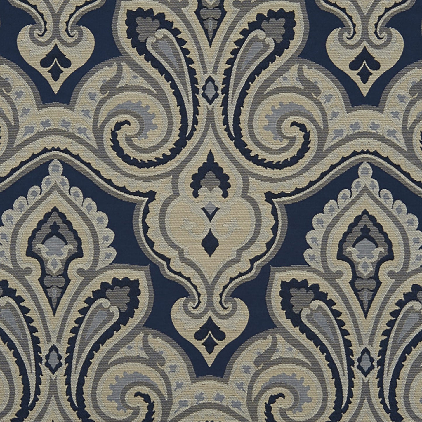 Navy damask pattern fabric with beige-gray scrolls & floral motifs for elegant upholstery or drapery.