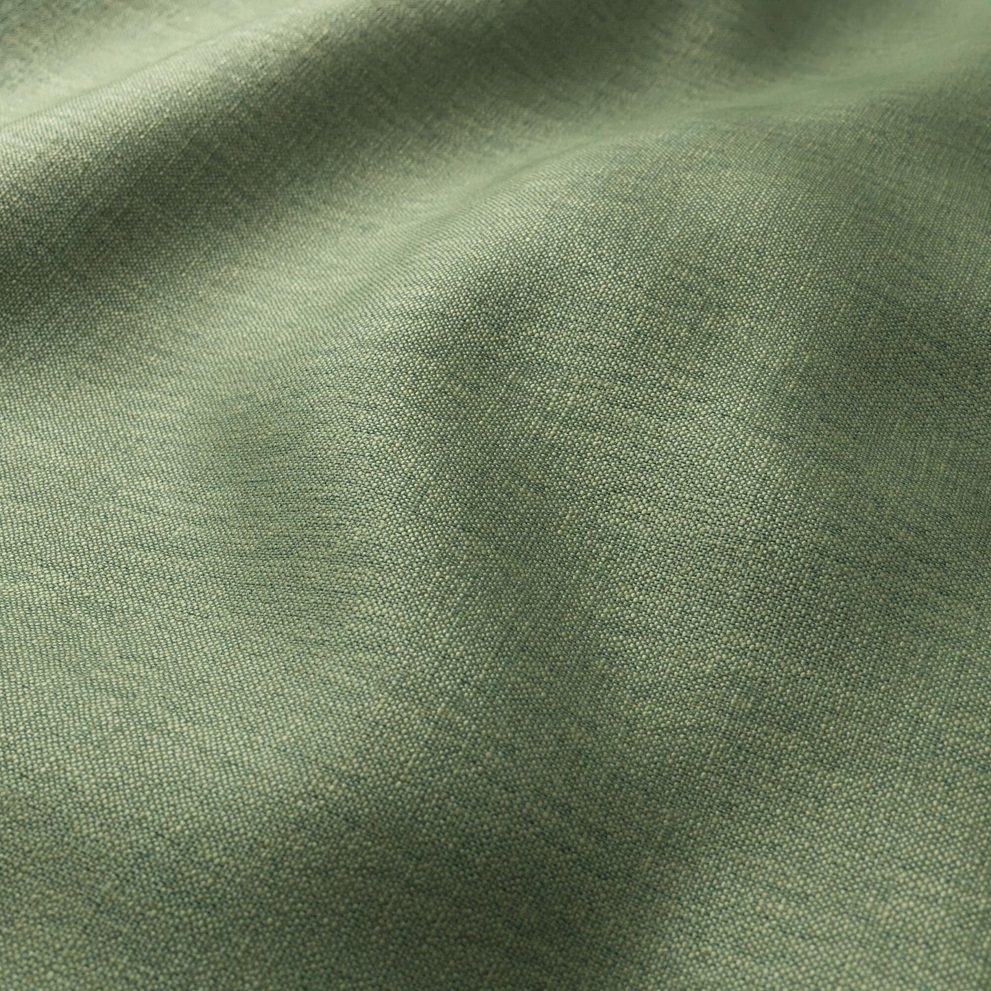 Olive green linen-like fabric close-up with soft folds and fine woven texture.