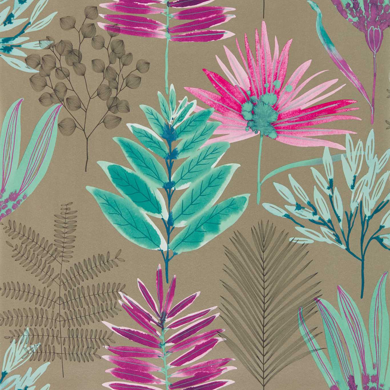 HARLEQUIN Yasuni Wallpaper Contemporary, Floral Lagoon,Cerise Gravure - Wide Width Printed Wallpaper - HZAP111760