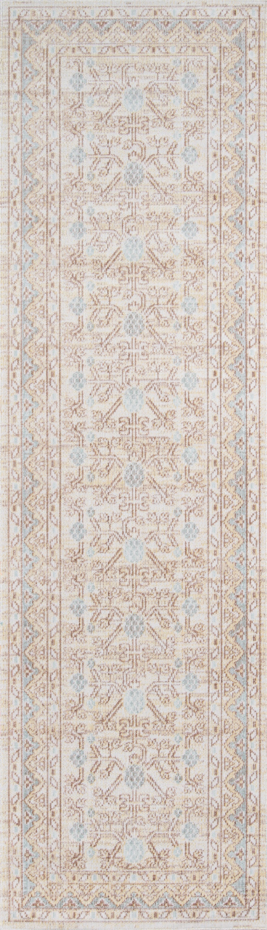 Beige oriental runner rug with pale blue floral-geometric pattern and decorative borders.