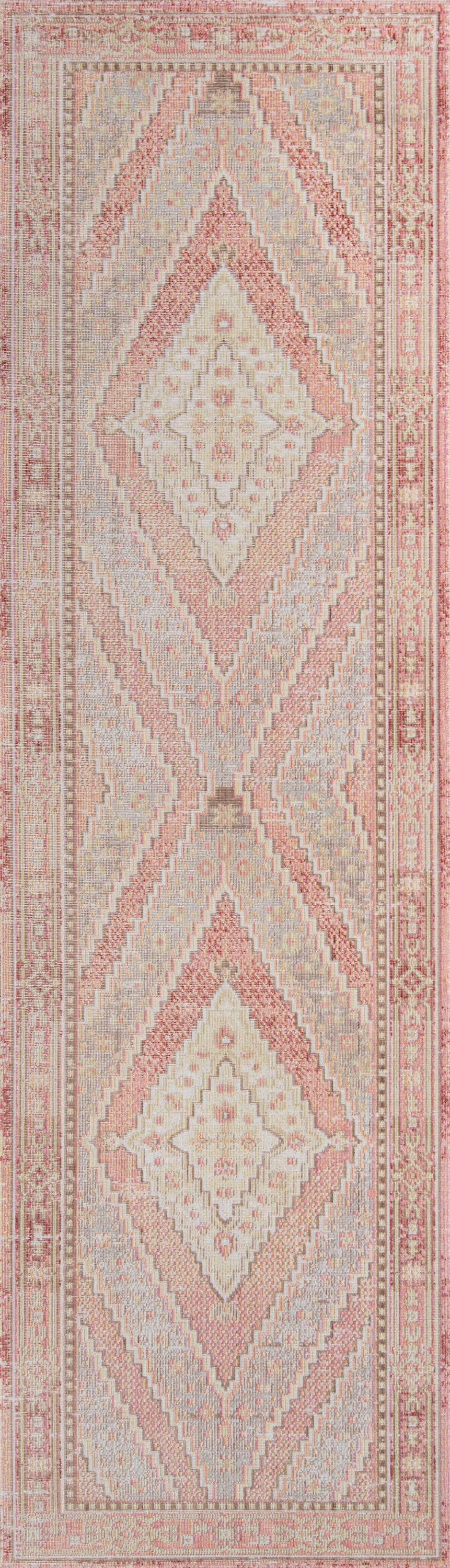 Pink and ivory diamond-pattern rug runner with decorative borders in soft, muted tones.