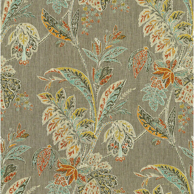 Floral print fabric featuring muted gray background with vibrant multicolor leaves and blossoms in a bohemian style.