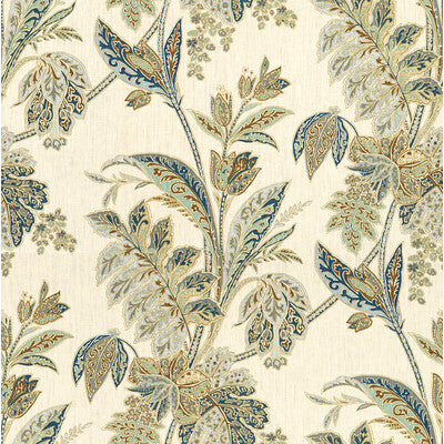 Floral-patterned ivory fabric with blue and slate leaves, suitable for upholstery or drapery.