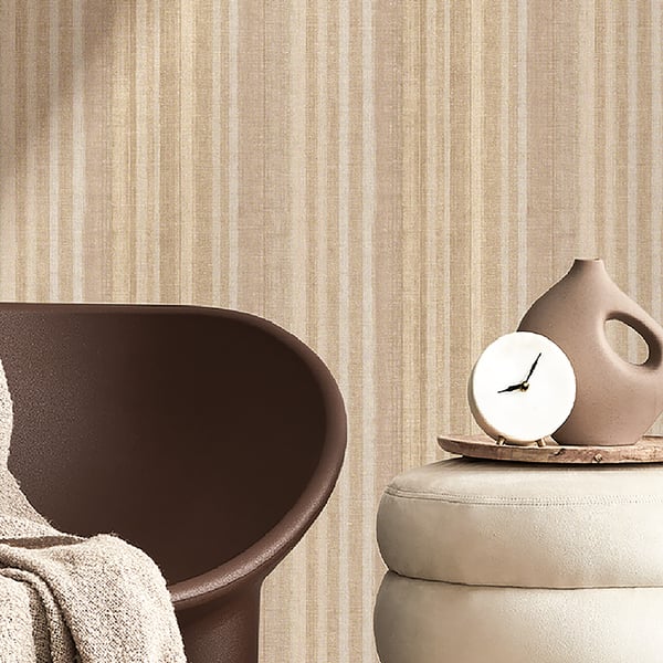 Rose-textured wallpaper on the wall; beige striped wall visible with subtle room decor.