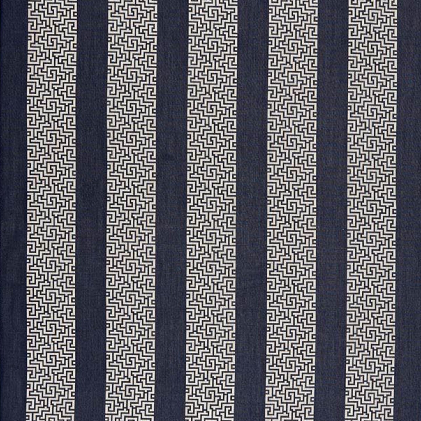 Navy blue fabric with cream Greek-key meander stripes; alternating solid navy bands and patterned cream columns.