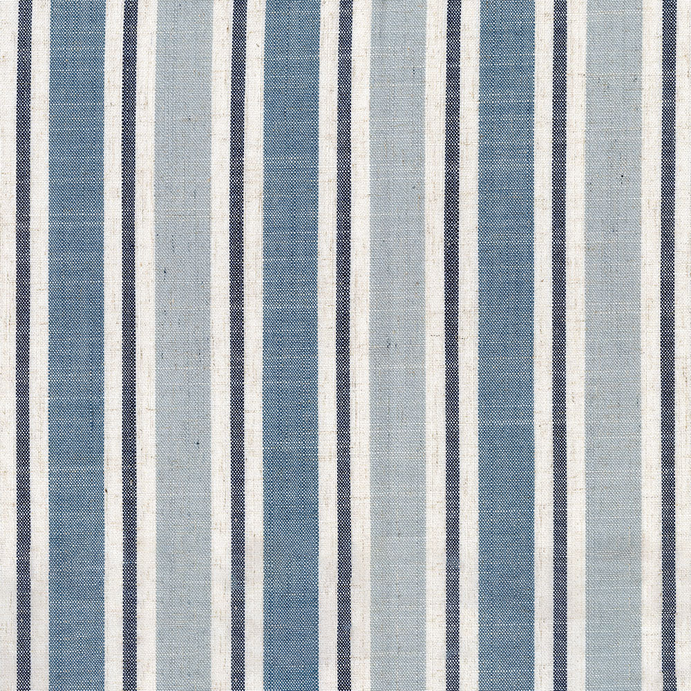 Blue striped woven fabric swatch with vertical navy, light blue, and white stripes.