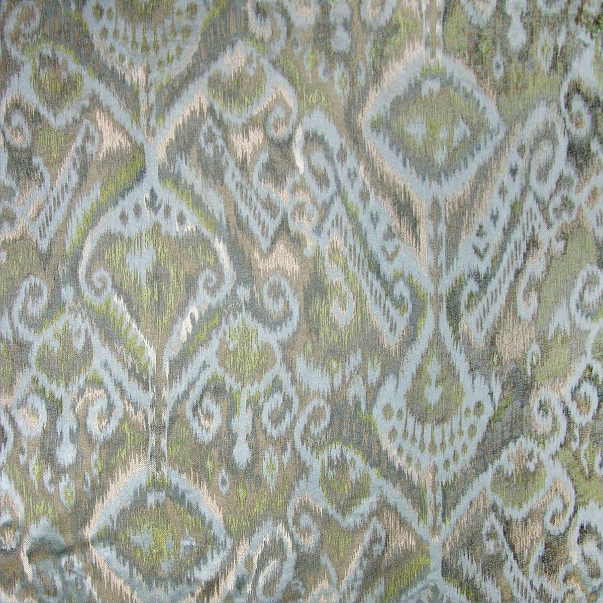 Damask patterned upholstery fabric in aqua chartreuse with sage green & beige accents; ornate scroll motifs for cushions or drapes.