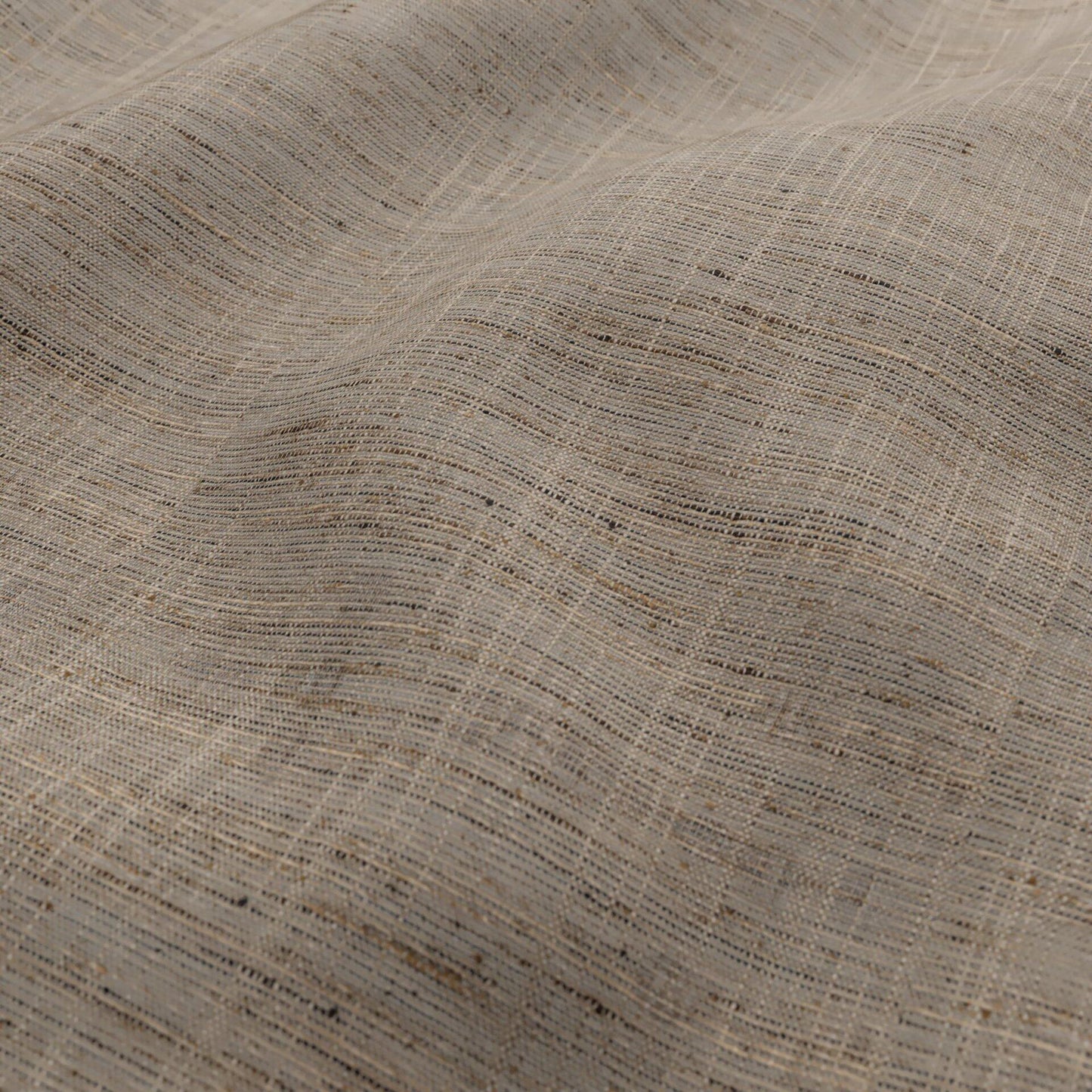 Beige linen-like fabric with subtle horizontal stripes and speckled weave, soft drape.