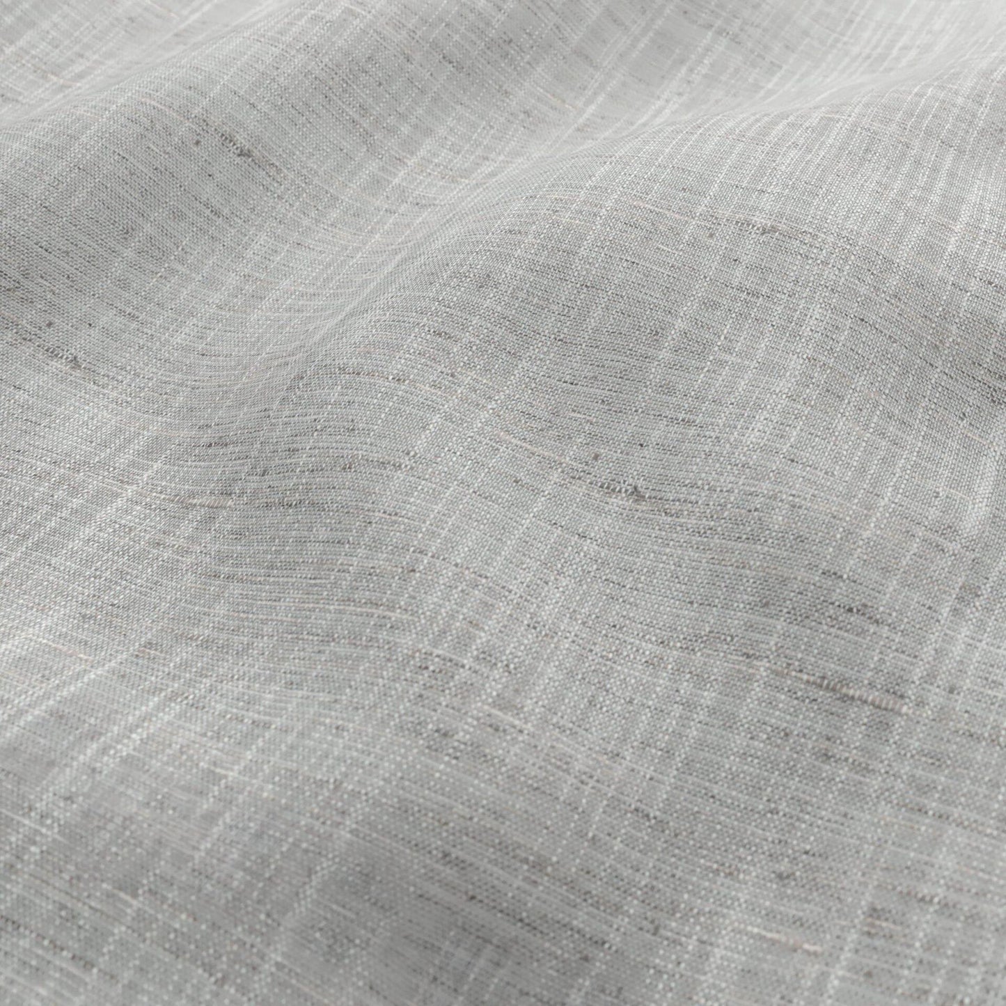 Light gray linen fabric with a subtle grid weave and soft drape, showcasing a natural, airy texture.